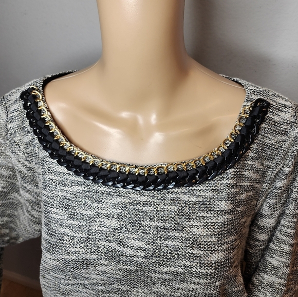 NWT Chetta B Metallic Grey Embellished Neckline Tweed Shift Dress Sz 16W Stretch - Picture 9 of 17